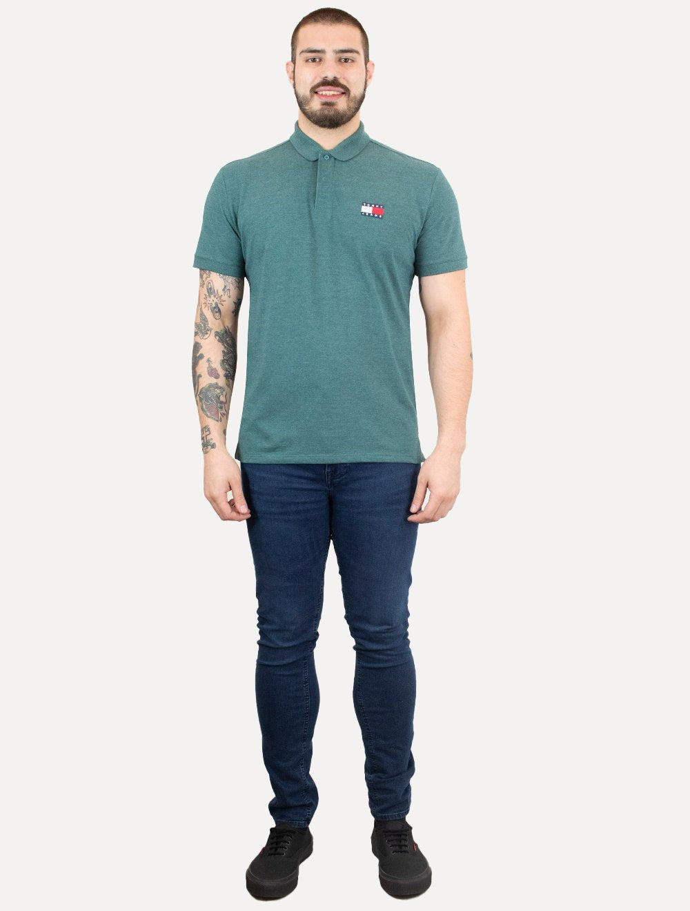 Polo Tommy Jeans Masculina Regular Heather XS Badge Verde Mescla