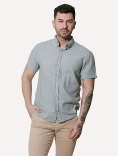 Camisa Ralph Lauren Masculina Manga Curta Linho Orange Icon Verde Mescla