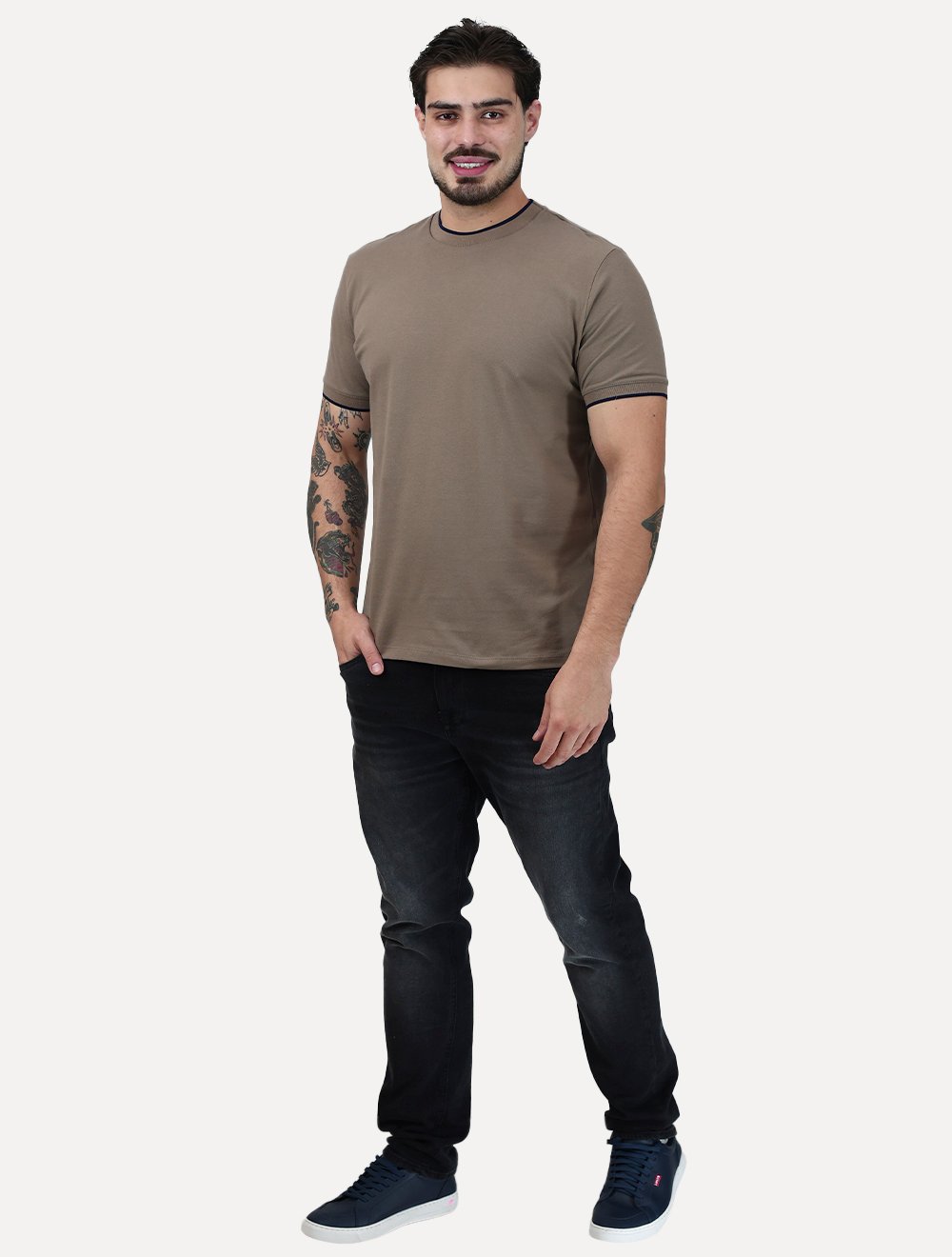 Camiseta K&J Black Masculina Premium Piquet Slim Navy Gola Sport Marrom