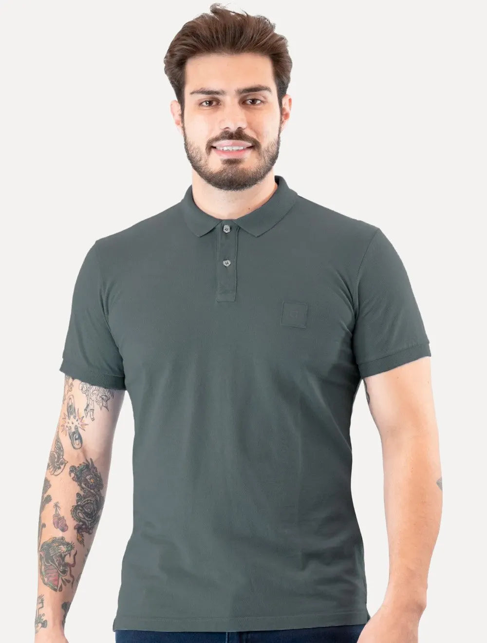 Polo Guess Masculina Piquet Small Patch Chumbo