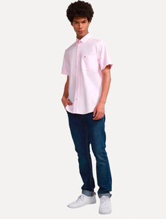 Camisa Tommy Hilfiger Masculina Manga Curta Regular Pocket Poplin Rosa Claro