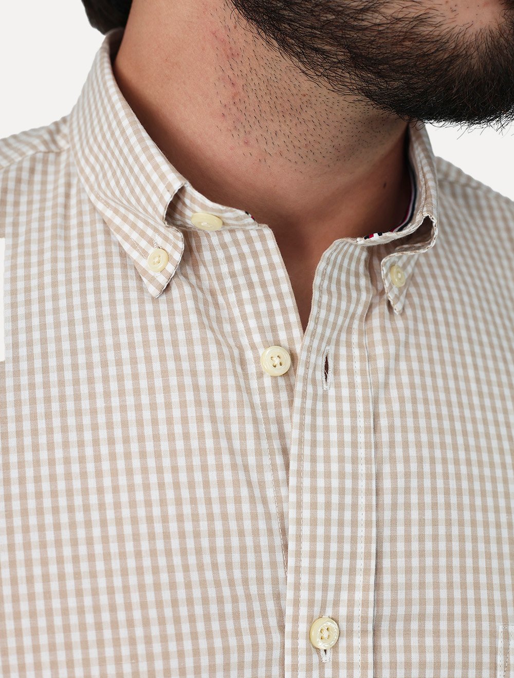 Camisa Tommy Hilfiger Masculina Manga Curta Pocket Gingham Cáqui