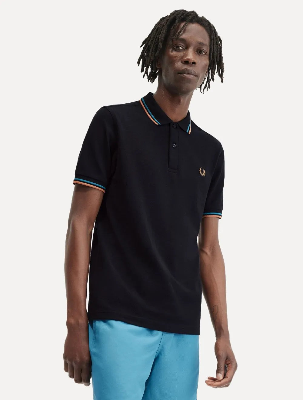 Polo Fred Perry Masculina Piquet Regular Blue Brow Twin Tipped Azul Marinho