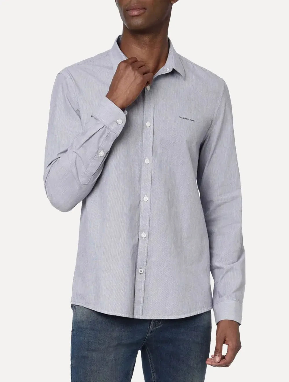 Camisa Calvin Klein Jeans Masculina Slim Listrada Silk Logo Azul Marinho