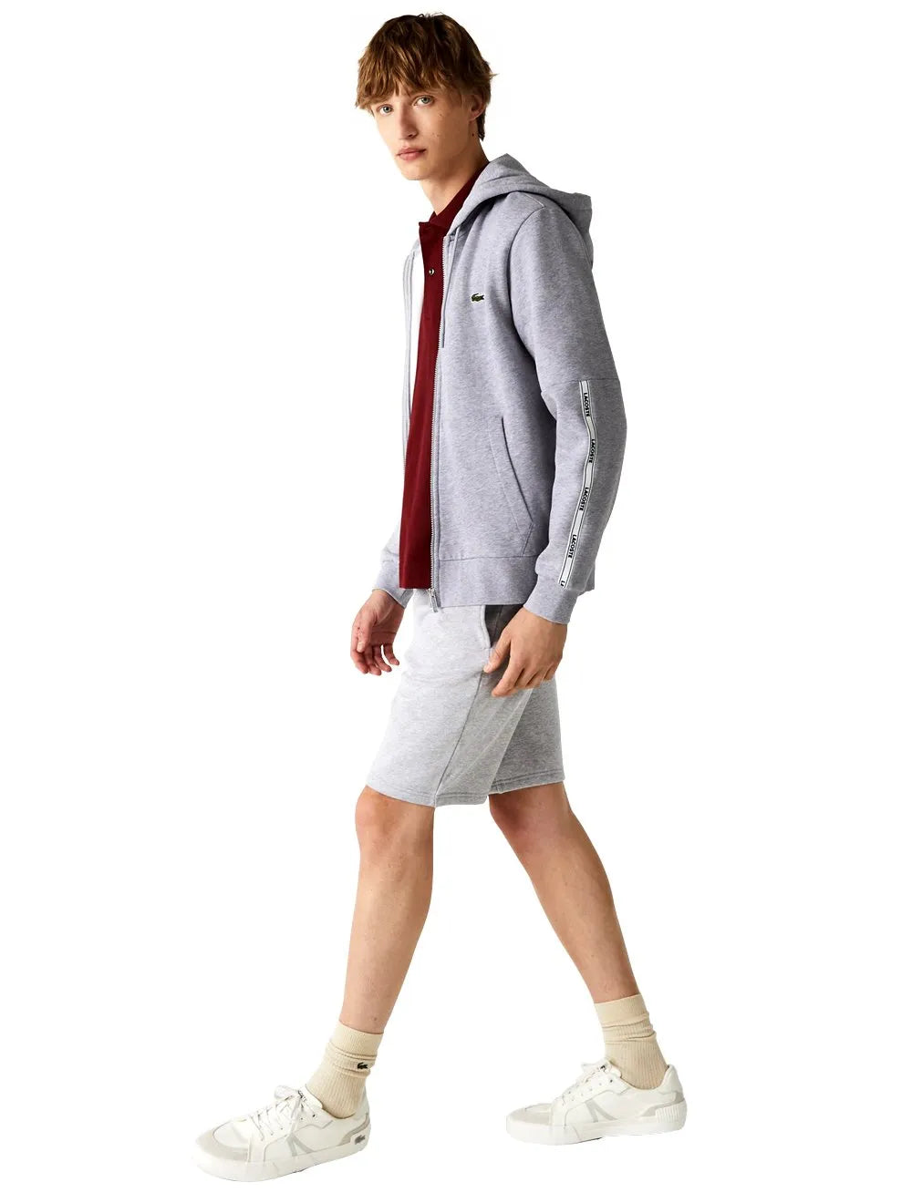 Moletom Lacoste Masculino Full-zip Hoodie Signature Sash Cinza Mescla