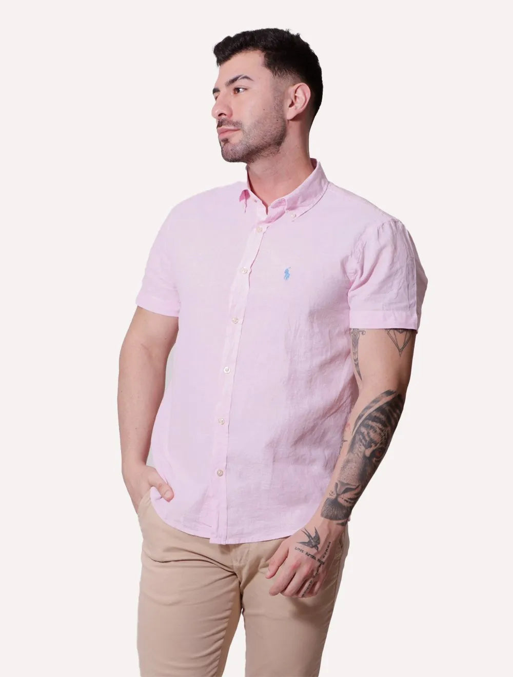 Camisa Ralph Lauren Masculina Manga Curta Linho Blue Icon Rosa Claro Mescla