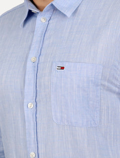 Camisa Tommy Jeans Masculina Regular Linen Blend Pocket Azul Mescla