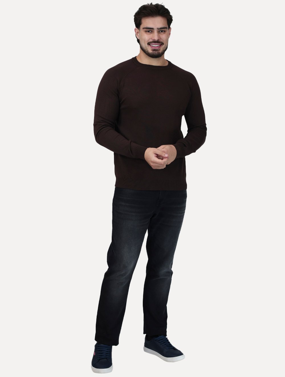 Suéter Dixen Masculina Tricot Manga Longa Raglan Gola Careca Marrom