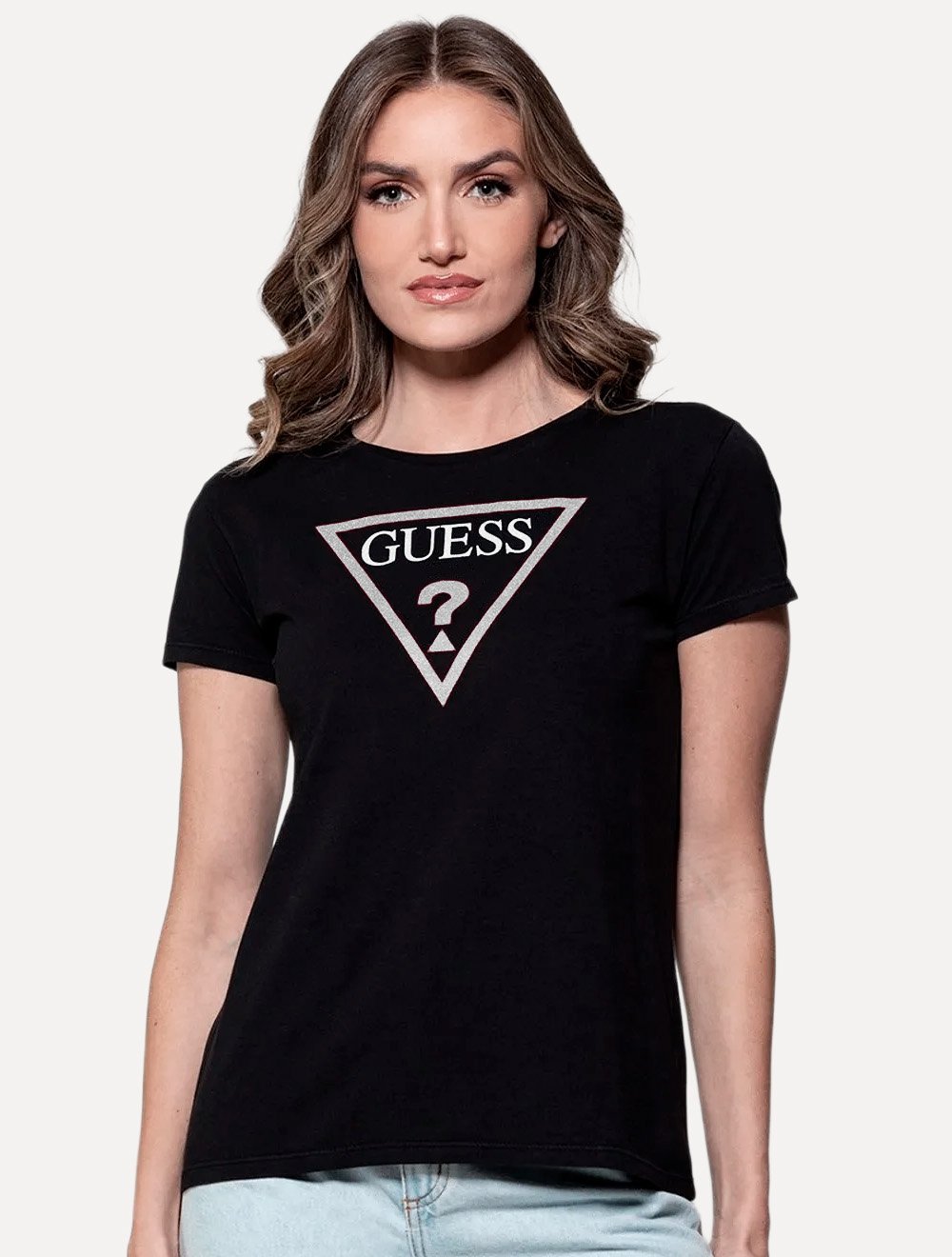 Camiseta Guess Feminina Bust Printed Bright Logo Preta