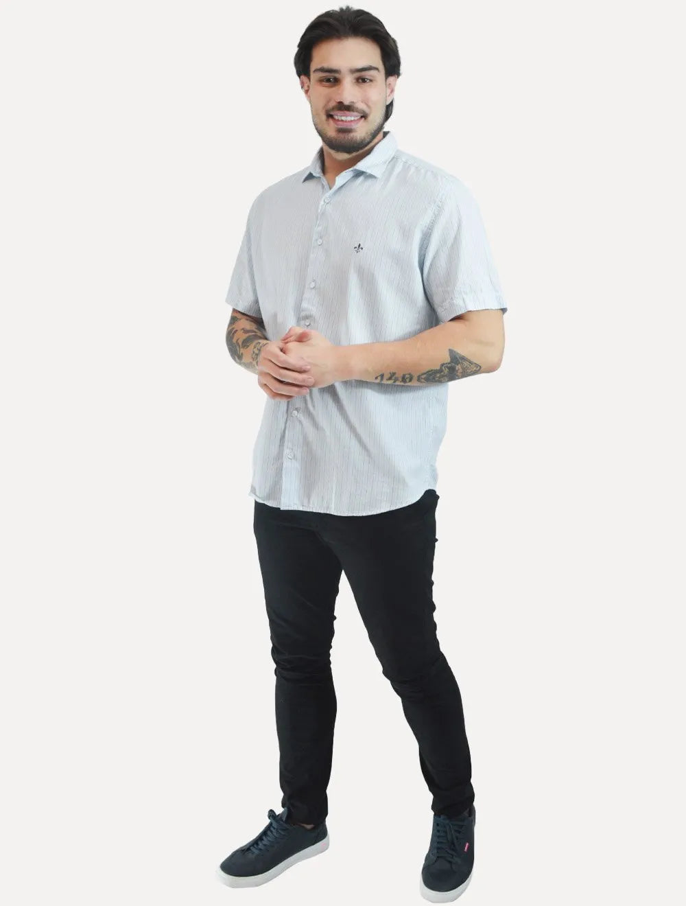 Camisa Dudalina Masculina Manga Curta Comfort Fit Slub Cotton Flame Listras Azul Claro