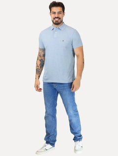 Polo Tommy Hilfiger Masculina Regular Piquet 1985 Azul Claro Mescla