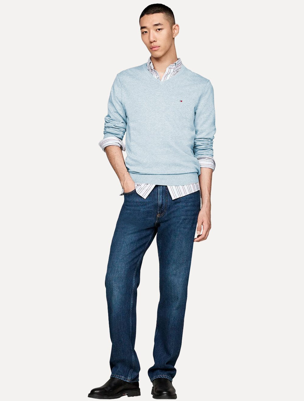 Suéter Tommy Hilfiger Masculino Signature V-Neck Azul Claro Mescla