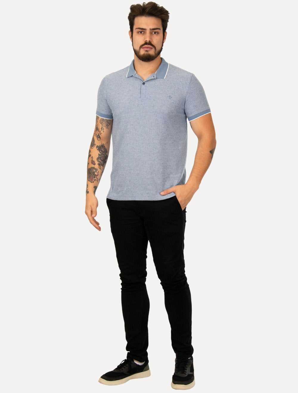 Polo Dudalina Masculina Malha Favo Linho Azul Escuro