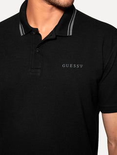 Polo Guess Masculina Piquet Silk Peito Frisos Gola Preta