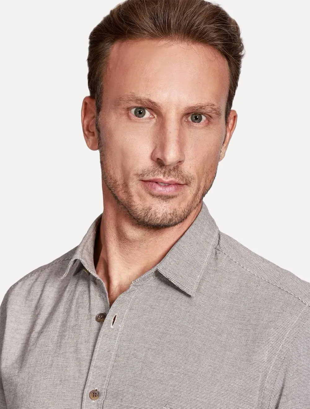 Camisa Aramis Masculina Manga Curta Slim Falso Liso Belfort Marrom Mescla