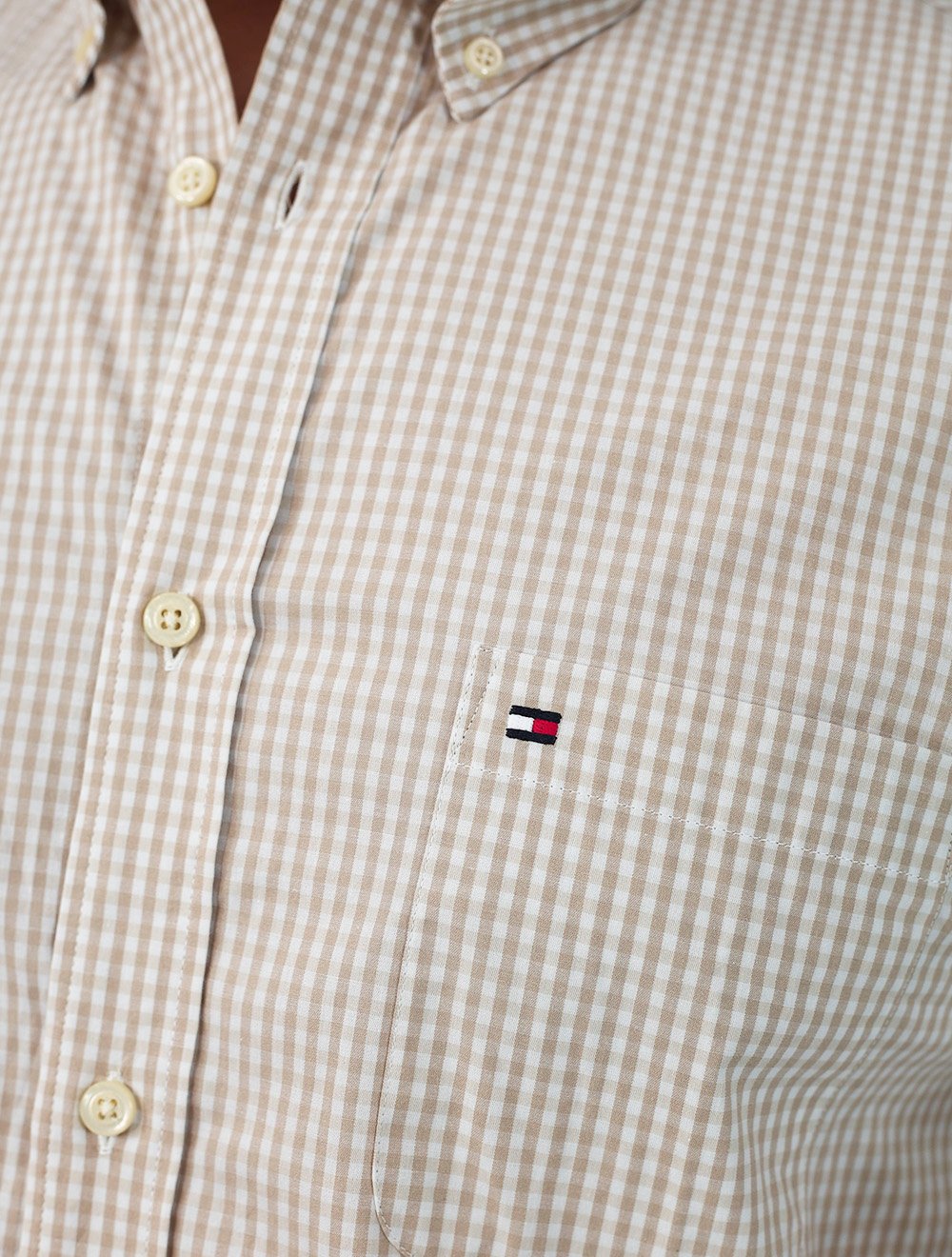 Camisa Tommy Hilfiger Masculina Manga Curta Pocket Gingham Cáqui