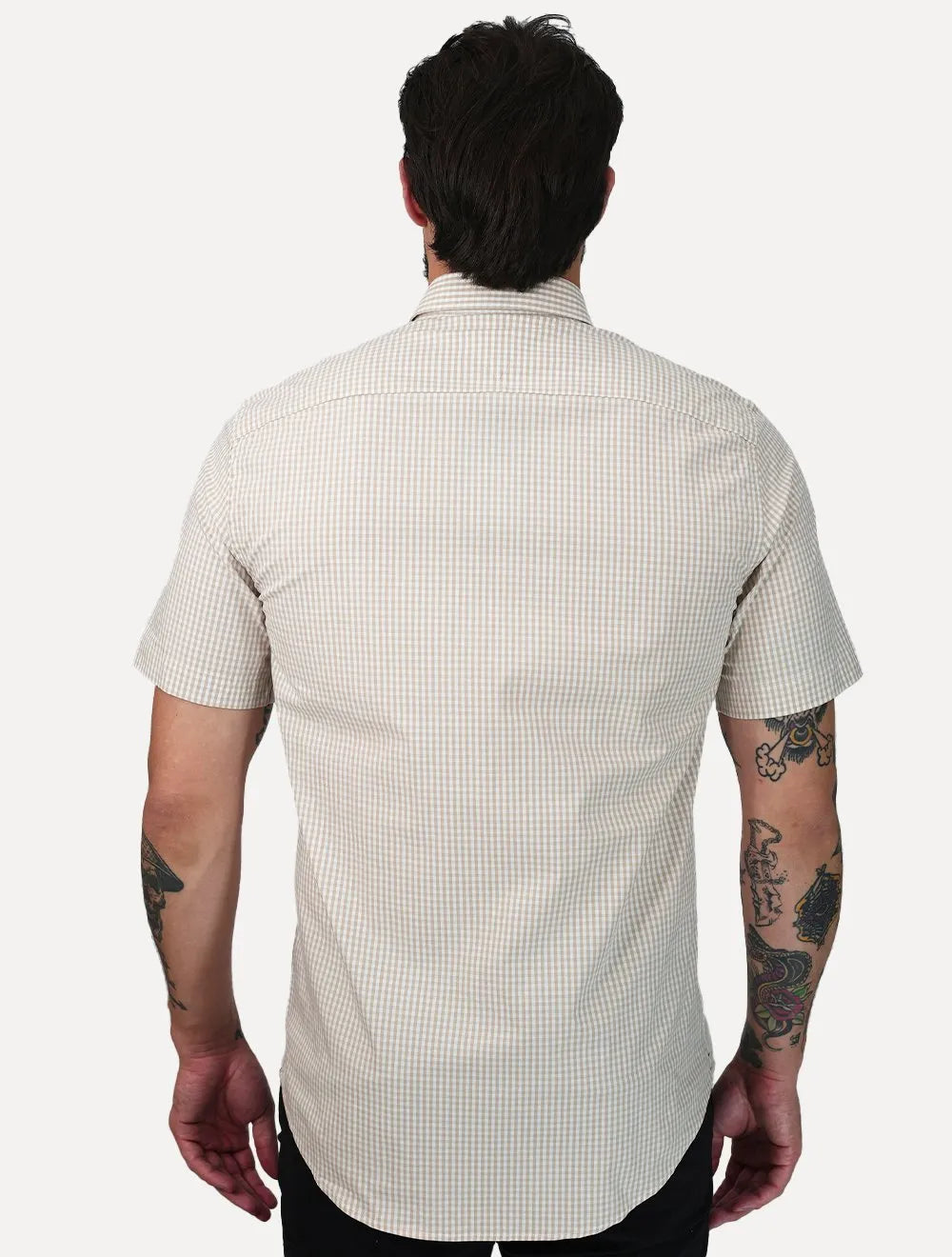 Camisa Tommy Hilfiger Masculina Manga Curta Pocket Gingham Cáqui