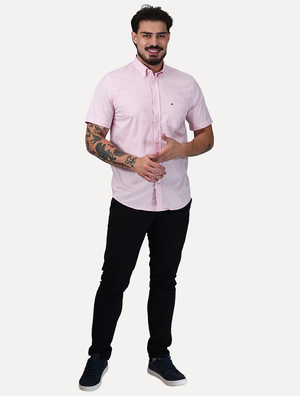 Camisa Tommy Hilfiger Masculina Manga Curta Pocket Gingham Rosa Médio