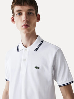 Polo Lacoste Masculina Classic Fit Piquet Navy Stripes Branca