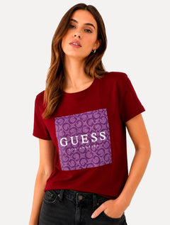 Camiseta Guess Feminina Silk Block Logo Vermelho Escuro