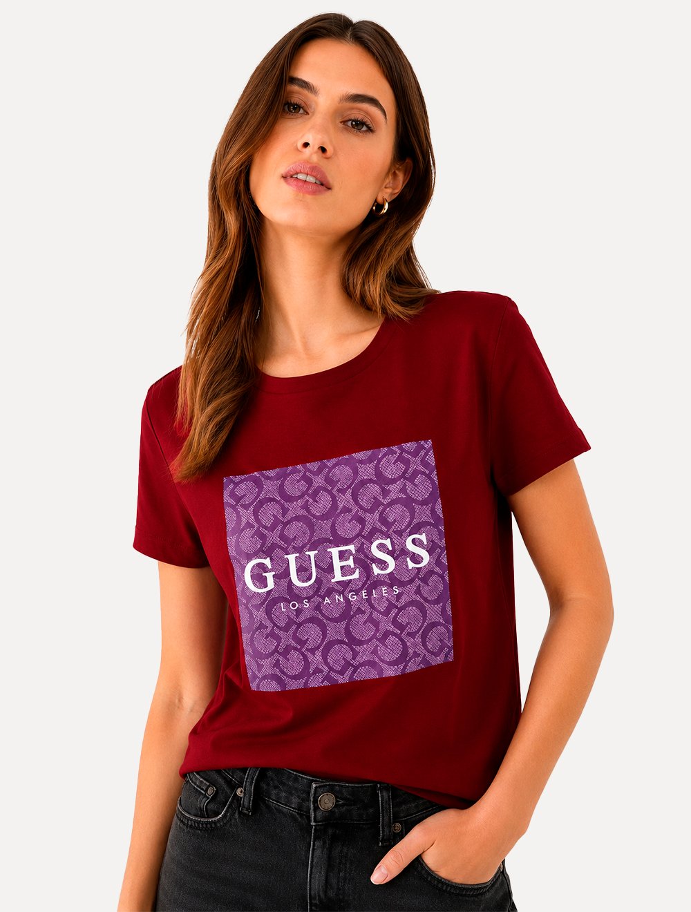 Camiseta Guess Feminina Silk Block Logo Vermelho Escuro
