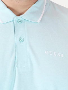 Polo Guess Masculina Piquet Silk Linear Light Friso Azul Claro