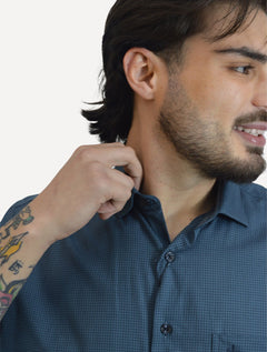 Camisa Dudalina Masculina Manga Curta Comfort Superfine Cotton Mini Xadrez Azul Petróleo