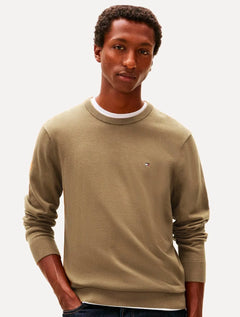 Suéter Tommy Hilfiger Masculino Crewneck Essential Cotton Cáqui Claro