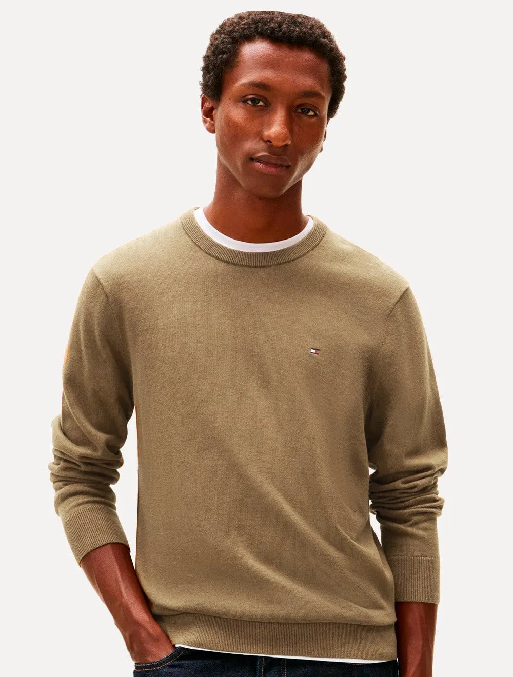 Suéter Tommy Hilfiger Masculino Crewneck Essential Cotton Cáqui Claro