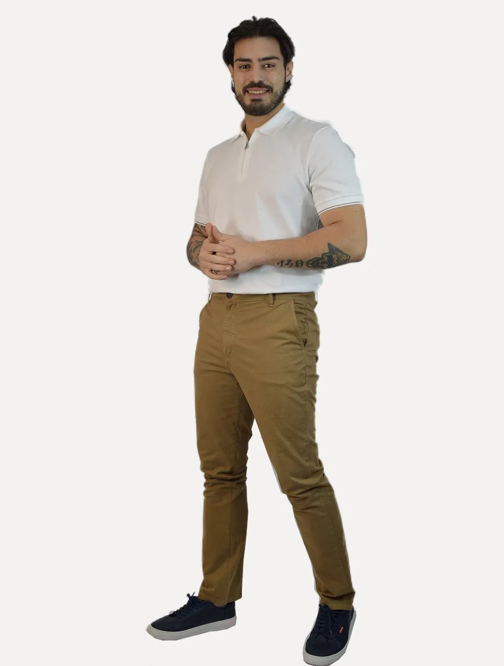 Calça Aramis Masculina Chino Sarja Classica Button Cáqui Médio