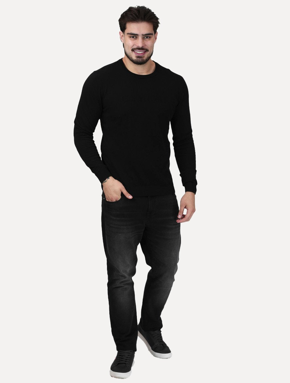 Suéter Calvin Klein Jeans Masculino Tricot Gola Careca Liso Preto