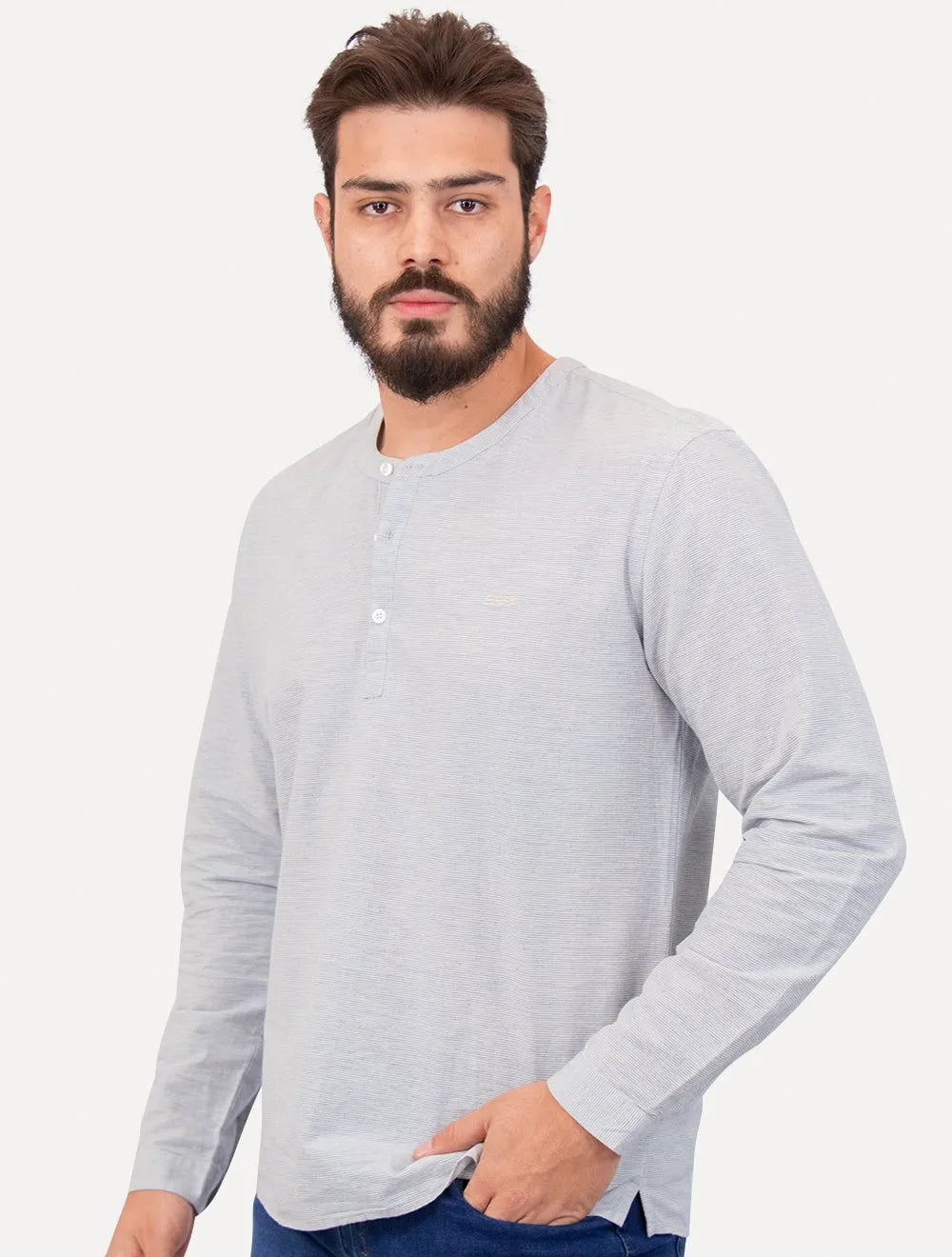 Camisa King & Joe Bata Masculina Manga Longa Henley Mini Listrada Azul