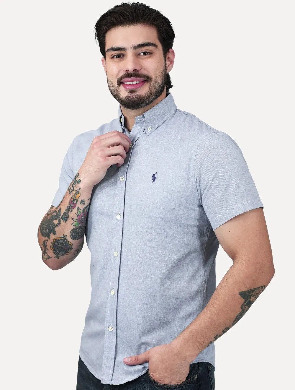 Camisa Ralph Lauren Masculina Manga Curta Linho Navy Icon Azul Mescla