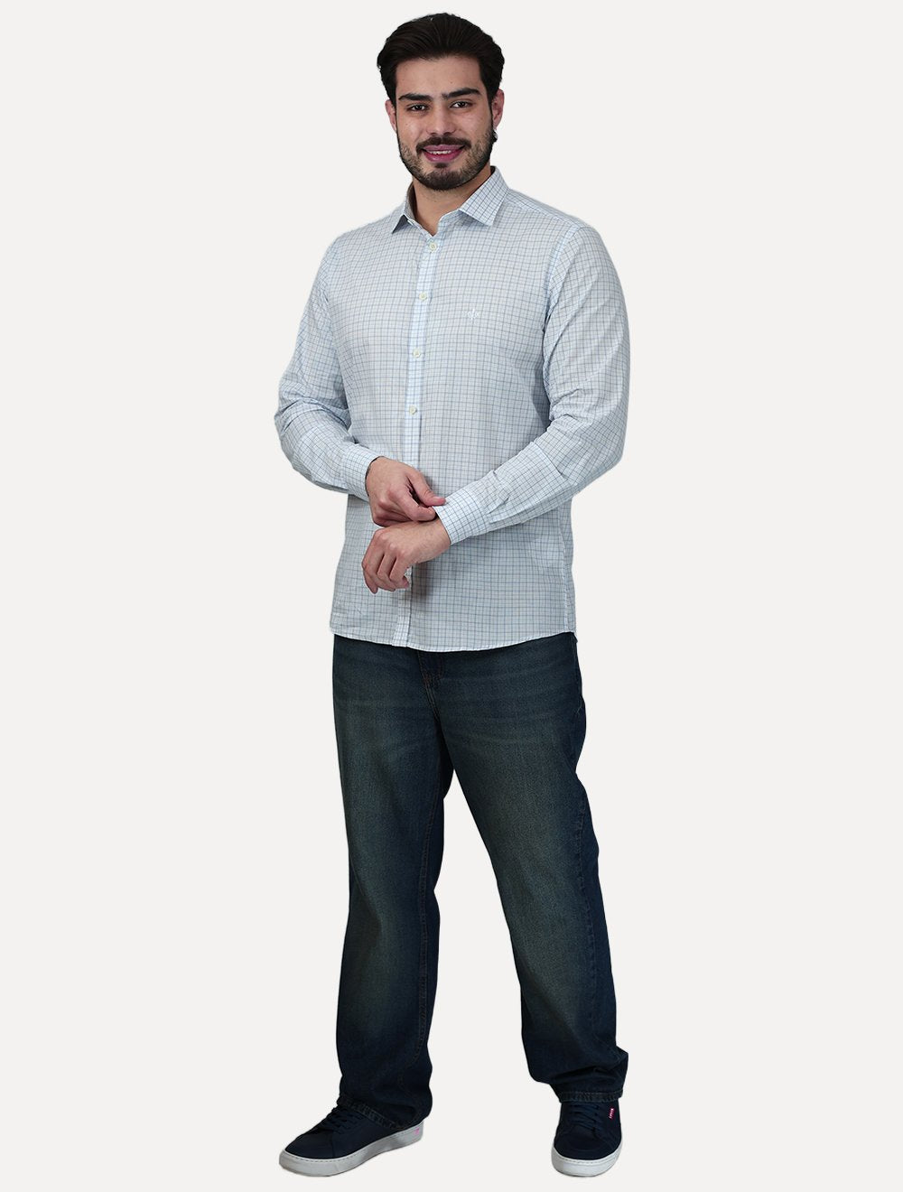 Camisa Dudalina Masculina Slim Superfine Cotton Xadrez Azul Claro
