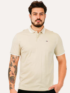 Polo Tommy Jeans Masculina Piquet Regular Placket Friso Areia