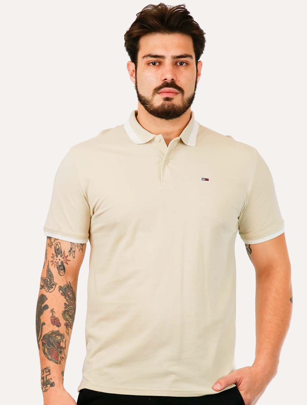 Polo Tommy Jeans Masculina Piquet Regular Placket Friso Areia