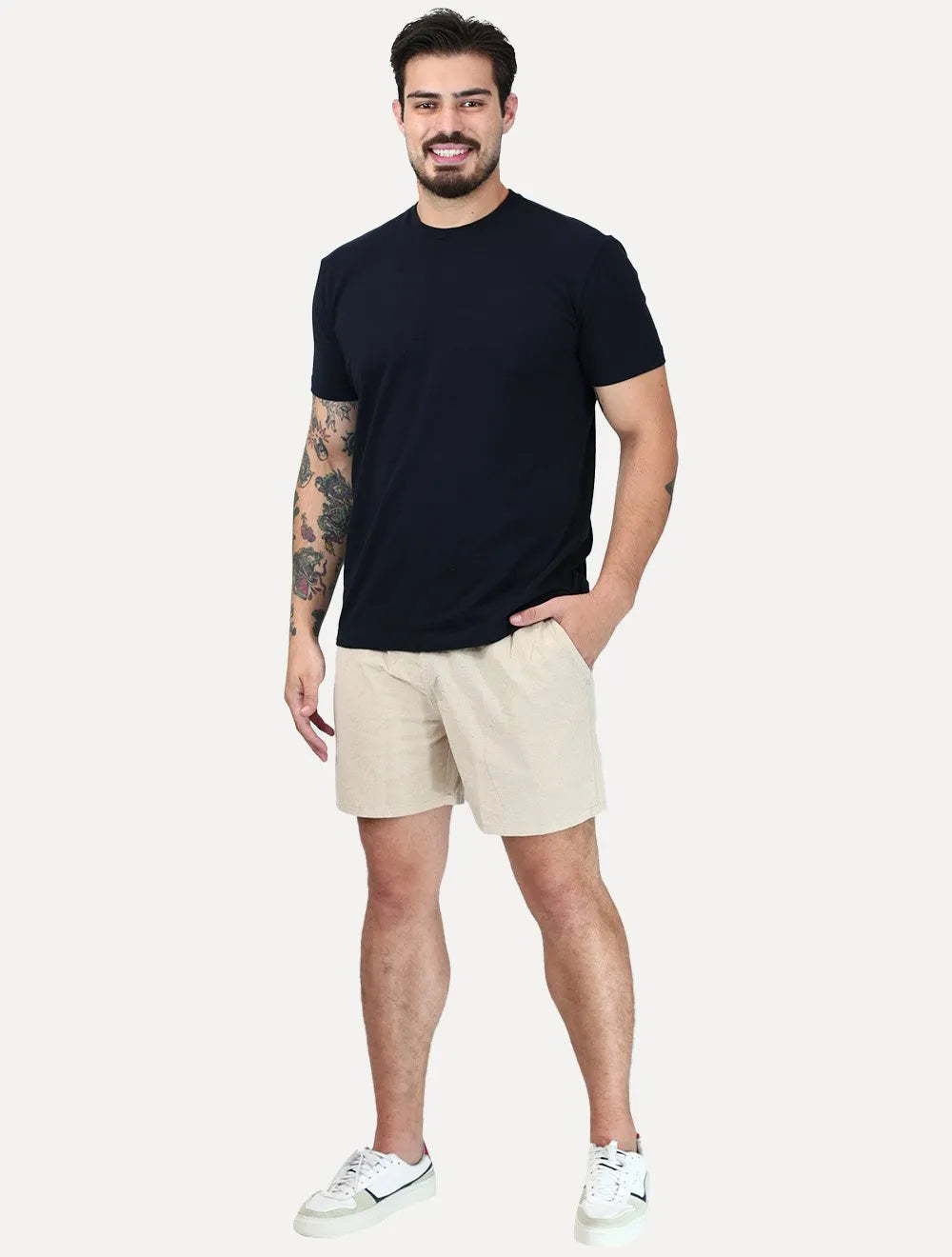 Short King & Joe Masculina Tradicional Casual Linho Areia