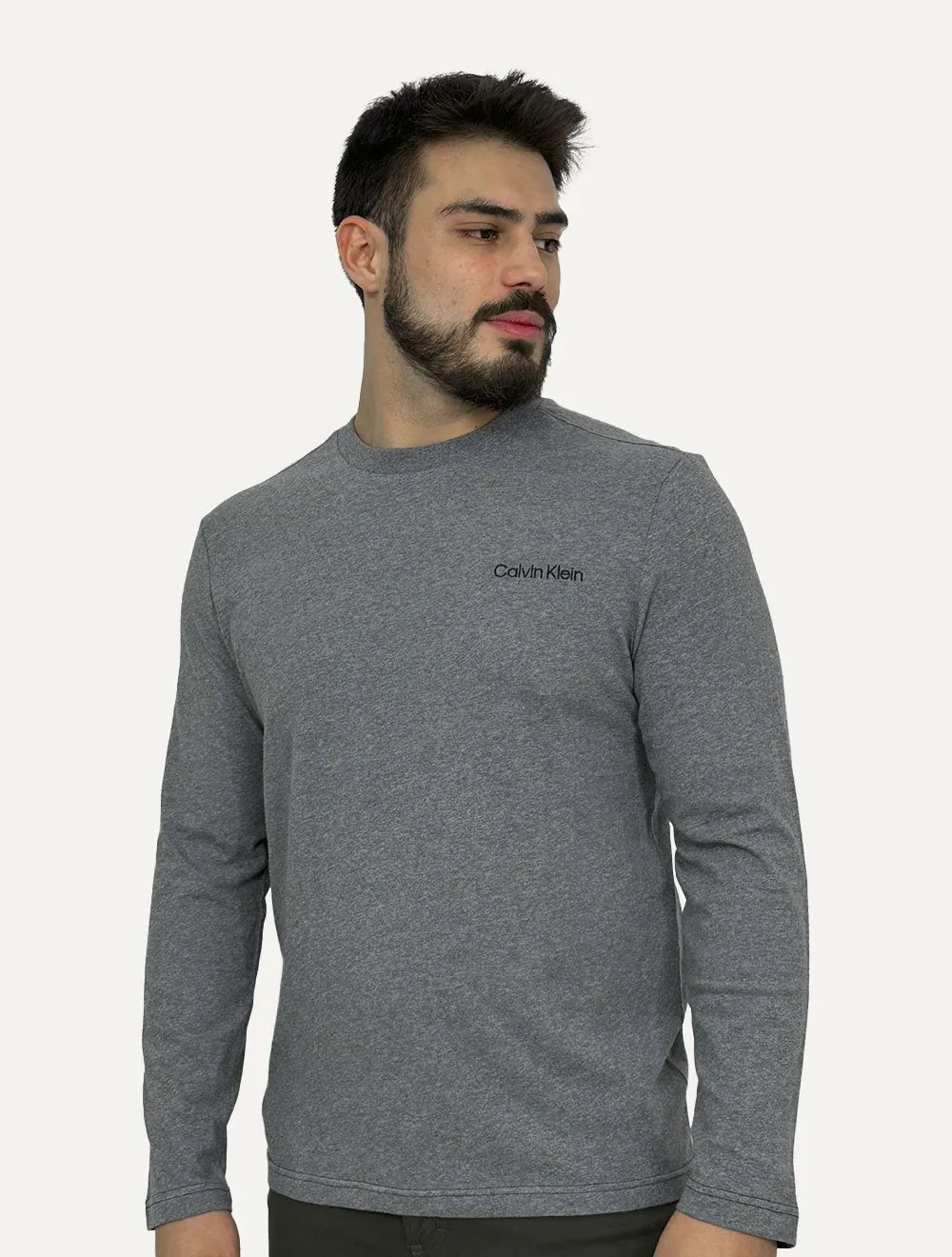 Blusa Calvin Klein Masculina Manga Longa Logo Bordado Cinza Escuro Mescla