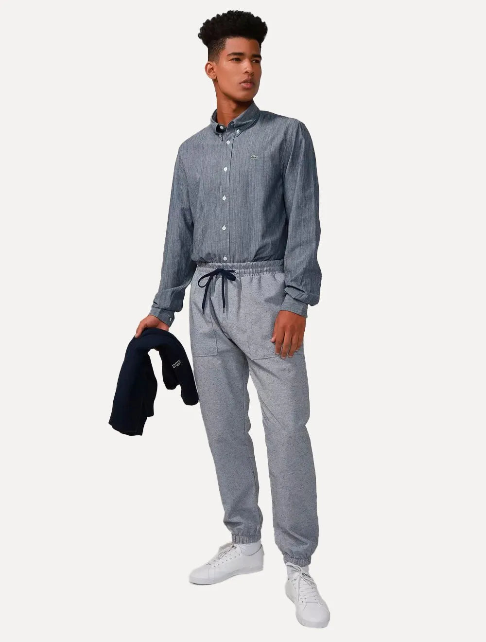 Camisa Lacoste Masculina Slim Cotton Chambray Chumbo Mescla