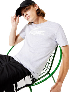 Camiseta Lacoste Masculina Jersey Sport 3D White Logo Cinza Mescla
