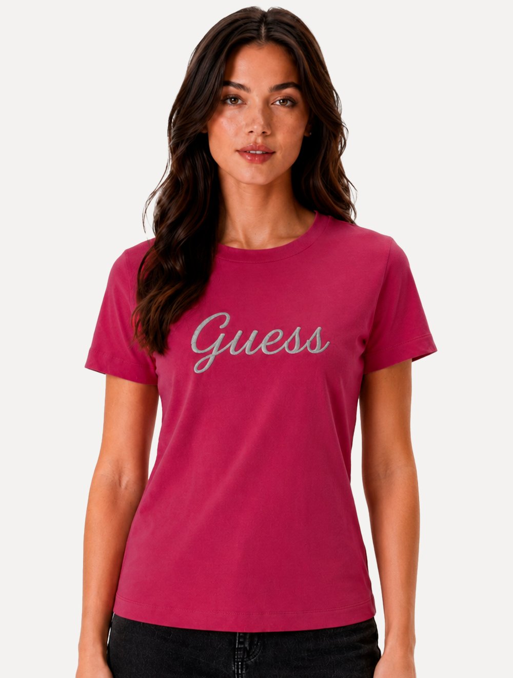 Camiseta Guess Feminina Signature Embroidery Logo Rosa Escuro