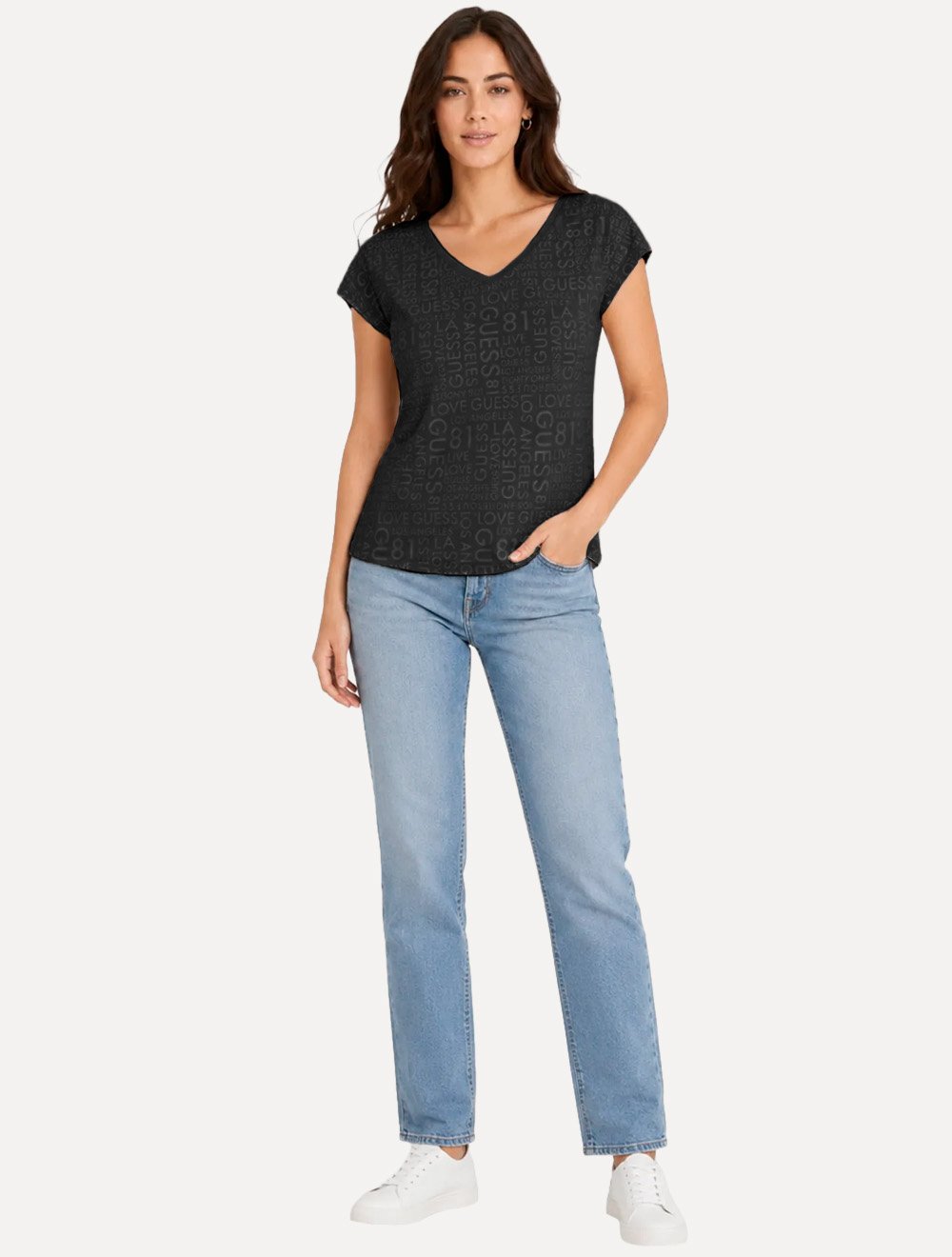 Camiseta Guess Feminina Estampada Gola V Preta