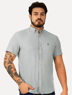Camisa Ralph Lauren Masculina Manga Curta Custom Linho Grey Logo Cinza Mescla