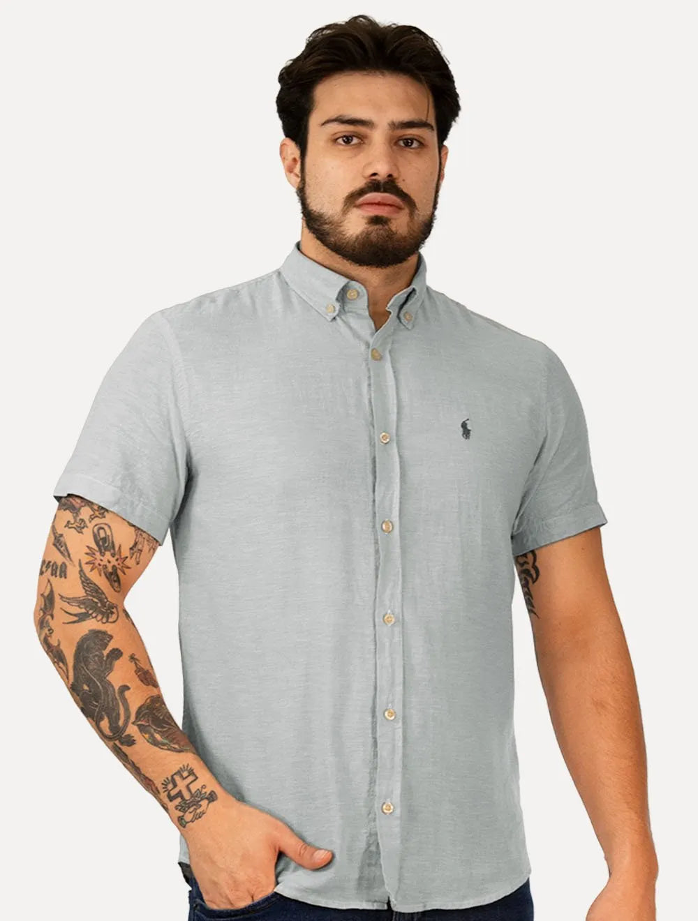 Camisa Ralph Lauren Masculina Manga Curta Custom Linho Grey Logo Cinza Mescla