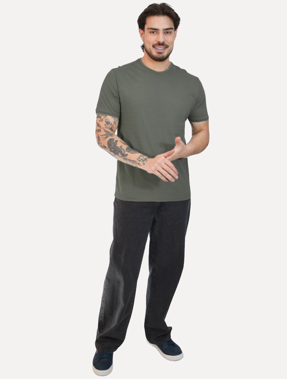 Camiseta Aramis Masculina Grey Friso Gola Logo Verde Opaco