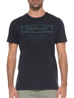 Camiseta Replay Masculina Logo Label Superior Standard Azul Marinho