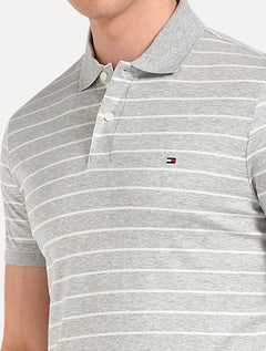 Polo Tommy Hilfiger Masculina Malha Liquid Cotton Striped Cinza Mescla