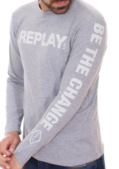 Camiseta Replay Masculina Manga Longa Logo Chest Cinza Mescla