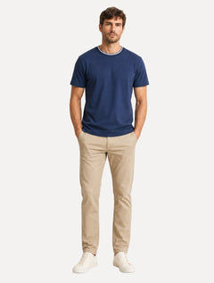 Camiseta Individual Masculina Comfort Malhar Gola Friso Logo Bordado Azul Marinho