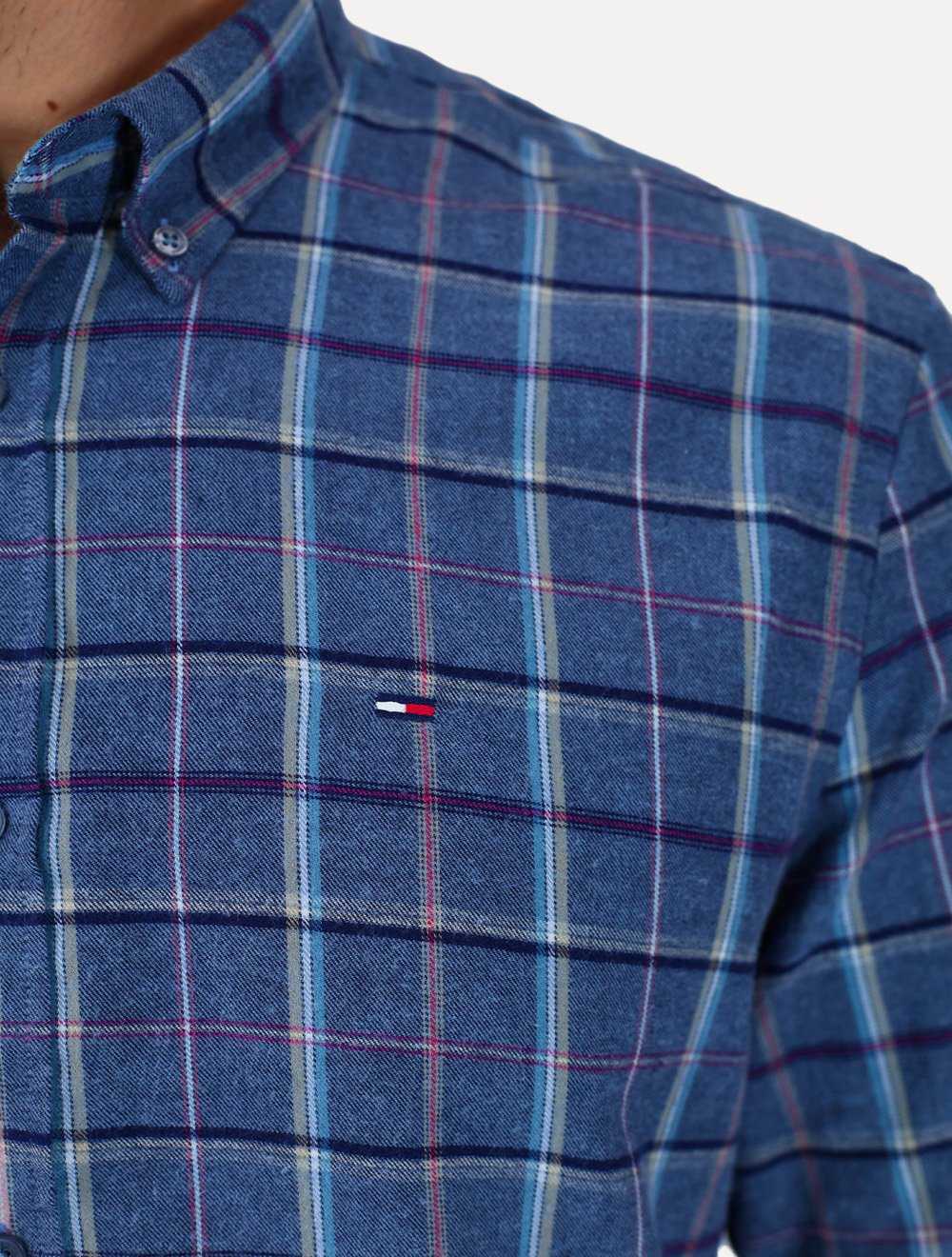 Camisa Tommy Jeans Masculina Regular Xadrez Flannel Check Azul Médio